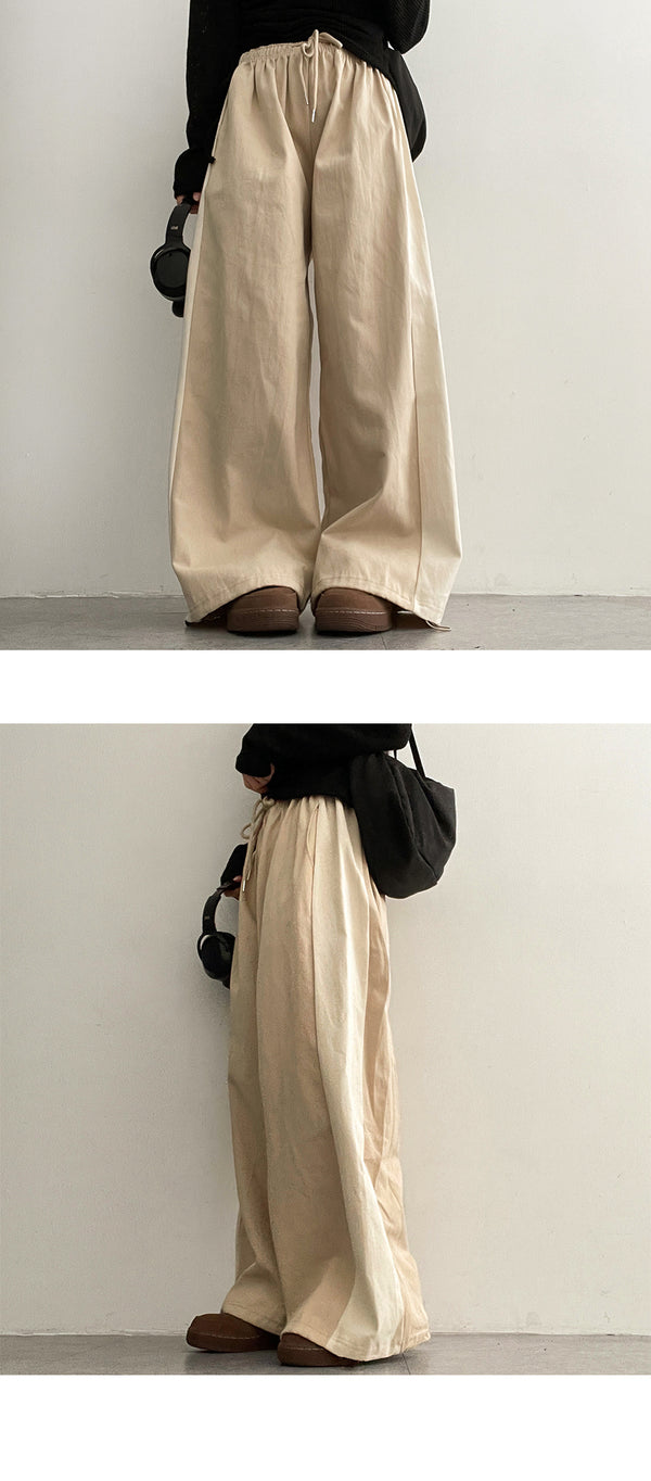 Two-Tone String Coloring Cotton Banded Waist Wide Pants