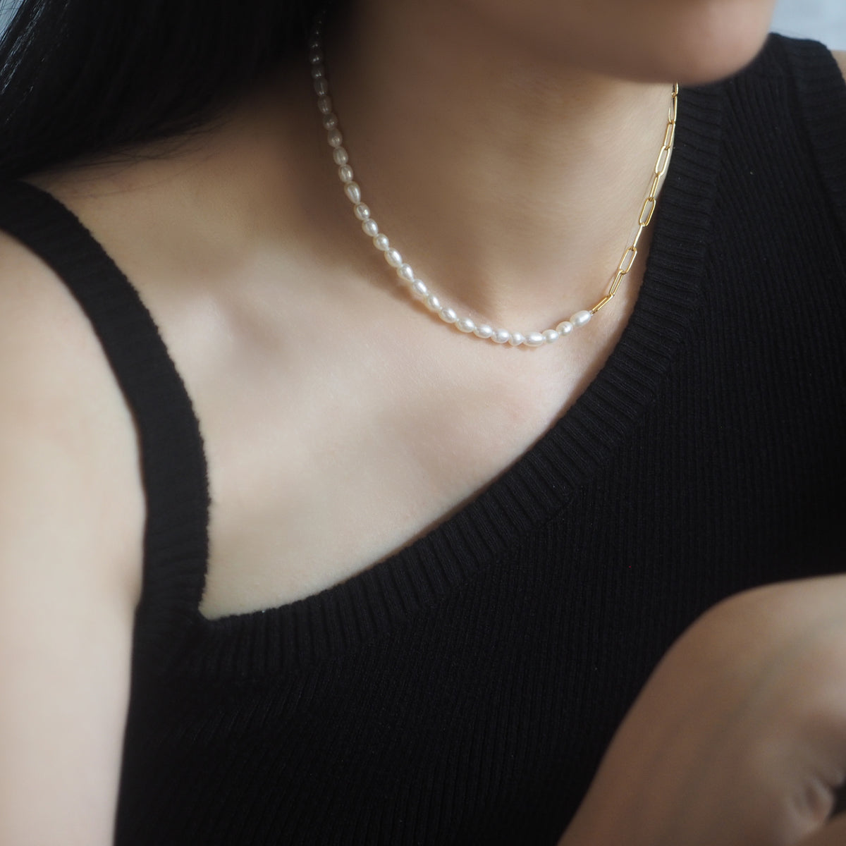 Pearls T-bar Gold Tone Necklace