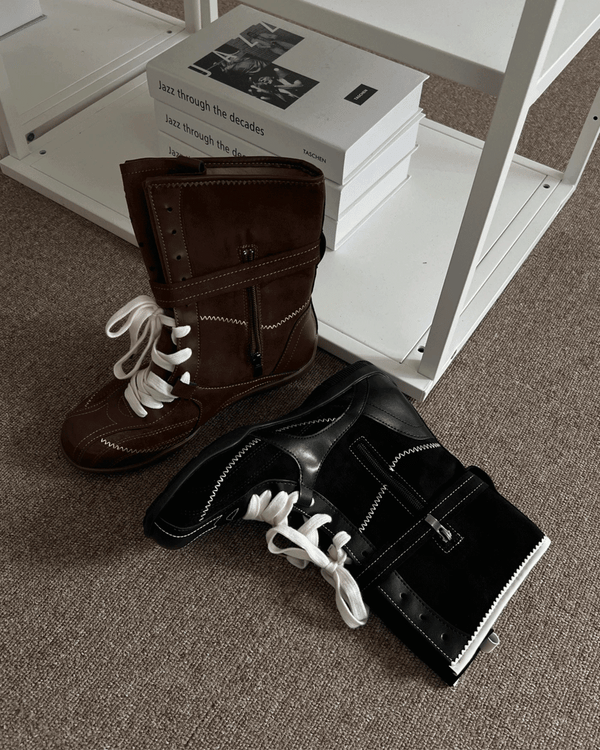 ステージアップステッチレースアップヒデンヒールミッドブーツ (2 colors)