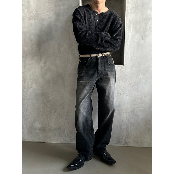  [BASIC ITEM] Black washing wdie denim pants