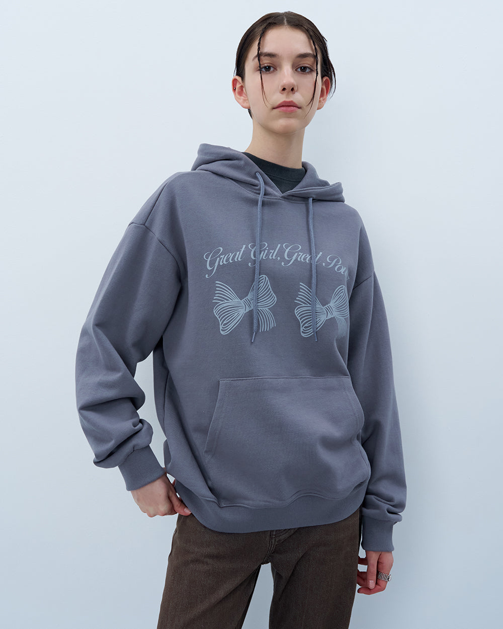 TWIN RIBBON HOODIE-GRAY