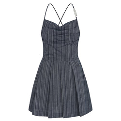 BACK POINT PLEATS WOVEN DRESS [NAVY]