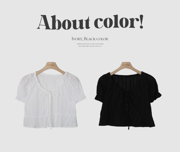 #Ribbon Embroidery Crop Short Sleeve Blouse (2color) 