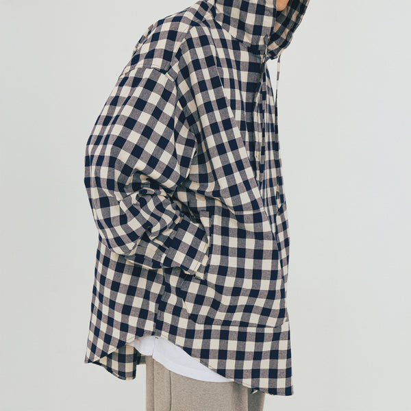 Huge Check Hoodie Shirt - Navy