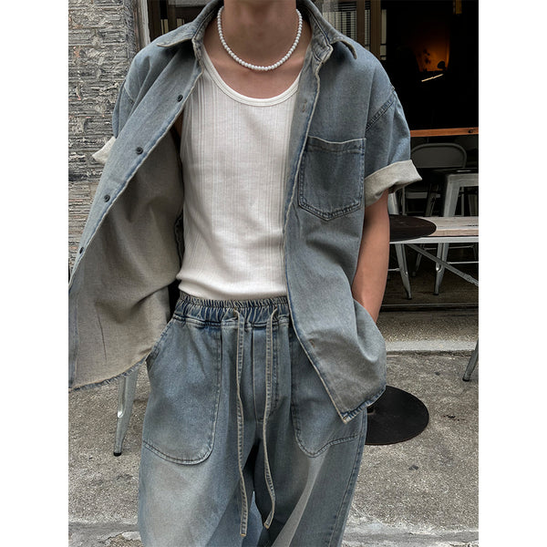 [SET UP] Tin washing denim half shirts (2color)