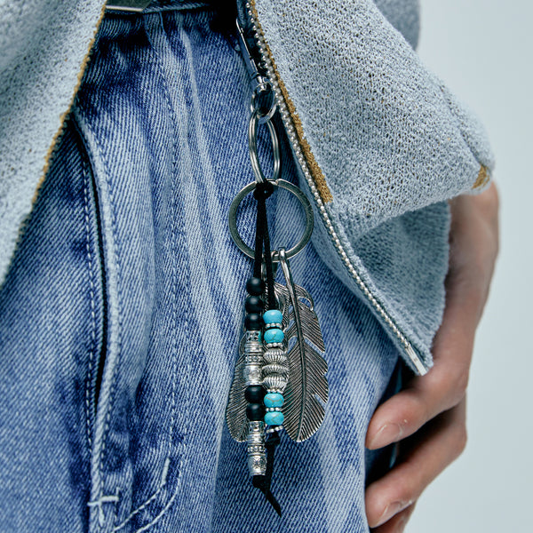 navajo feather & beads keyring black