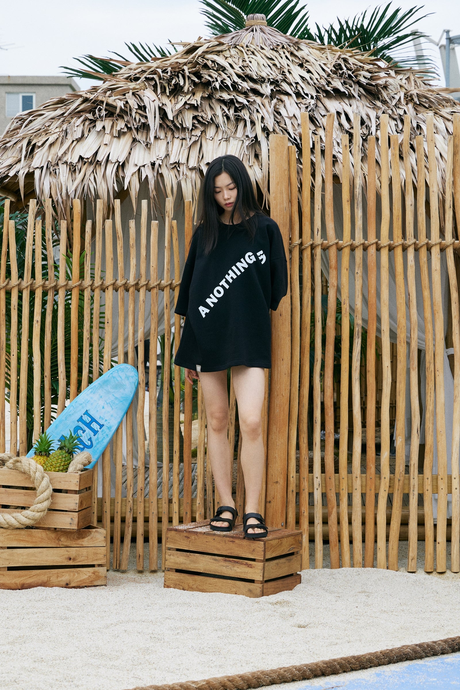 DIAGONAL PIN-KNIT 1/2 BOX TEE (Black)