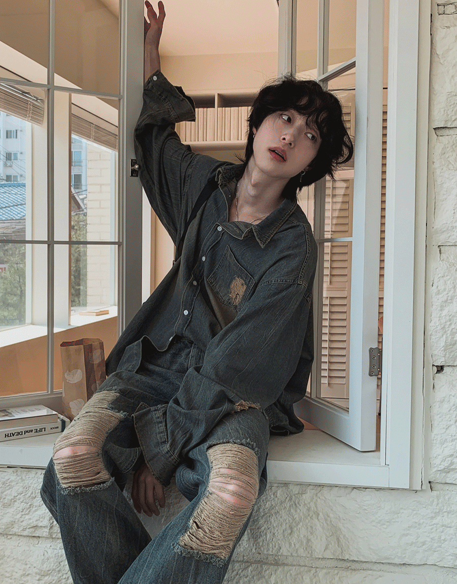 シアダメージウォッシュデニムシャツ (2 color)