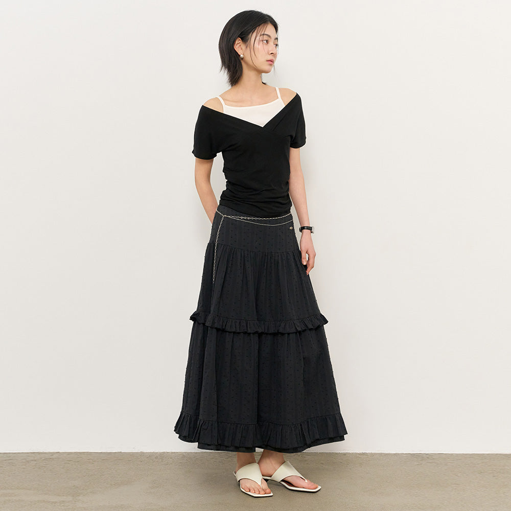 WOMAN シャーリングカシュクール半袖トップス [BLACK]