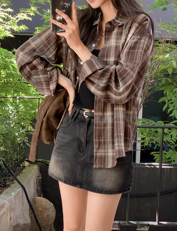 #Brown Sugar Fall Overfit Check Shirt