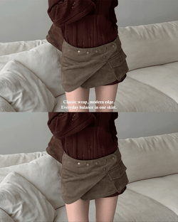 Grain Suede Button Pocket Mini Wrap Skirt (Khaki)