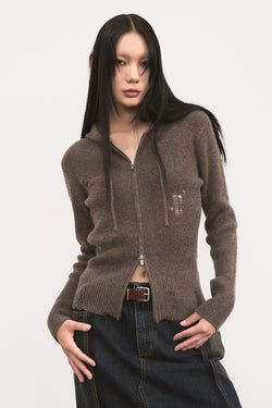  WOOL BLENDING KNIT HOODIE ZIP-UP / BROWN