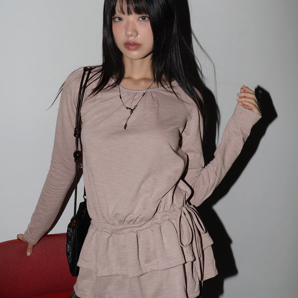 Riffon frill strap round long-sleeved T-shirt