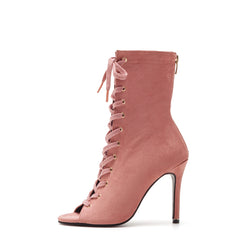 Suede Lace-Up Open Toe Heel(Pink)