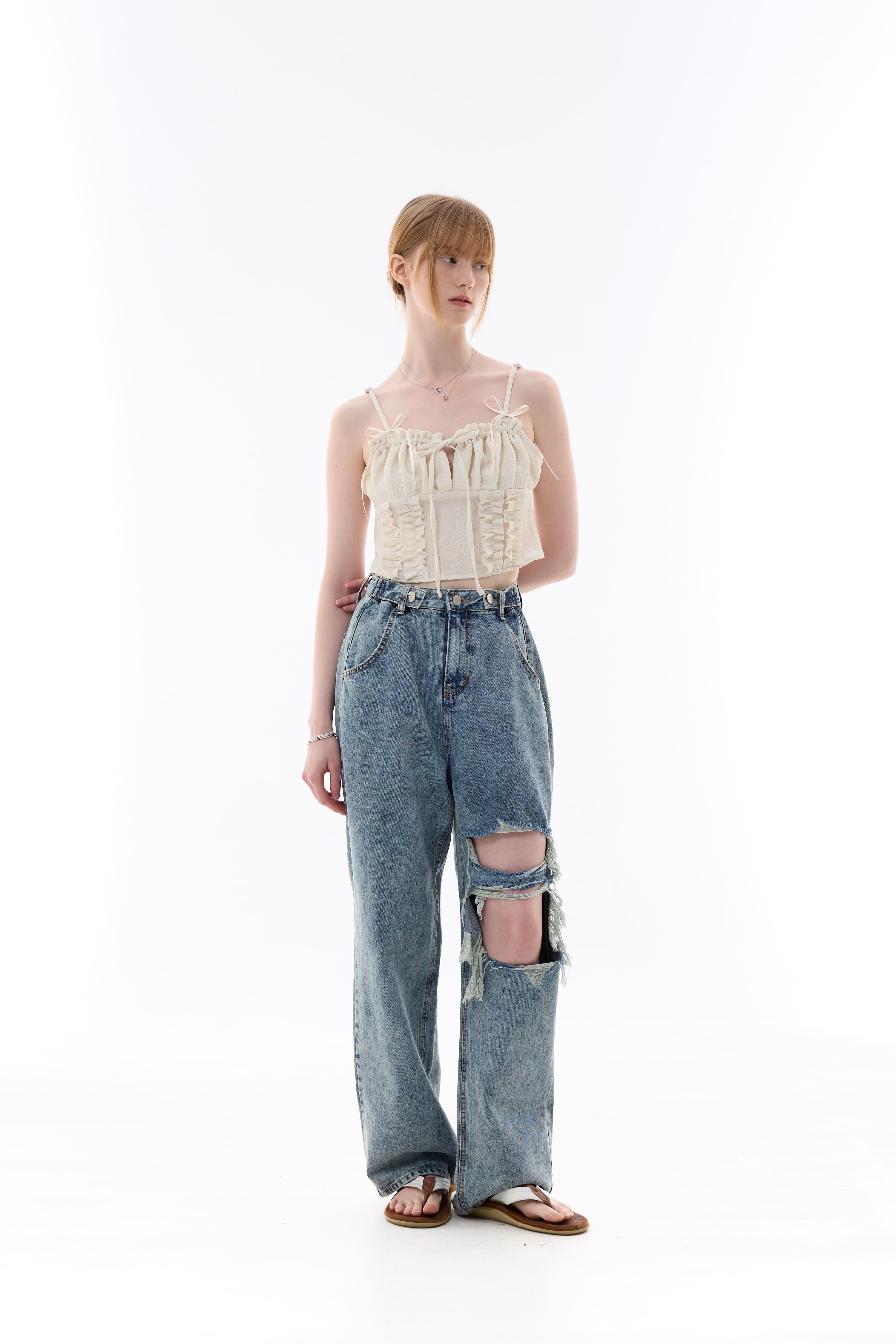 CHARMING DAMAGE WIDE DENIM PANTS