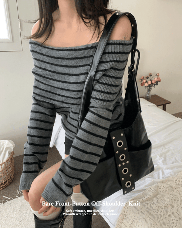 ベアフロントボタンオフショルダーロングスリーブニット (3 Colors)