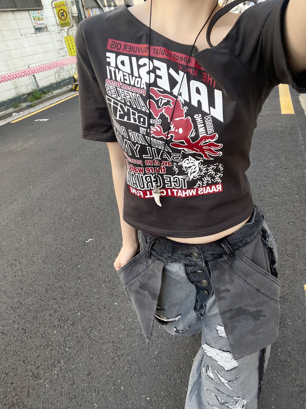 y2k ヒップガール アンバランスオフショルダー 半袖Tシャツ