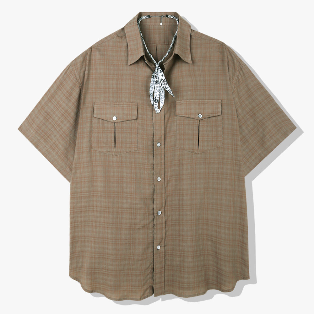 [bandana necklace set] washed check linen 2 pocket half shirt brown