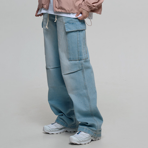 BECKY SEMI WIDE CARGO DENIM PANTS Light denim