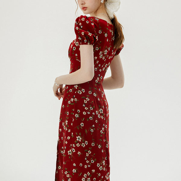 Wine flower long dress