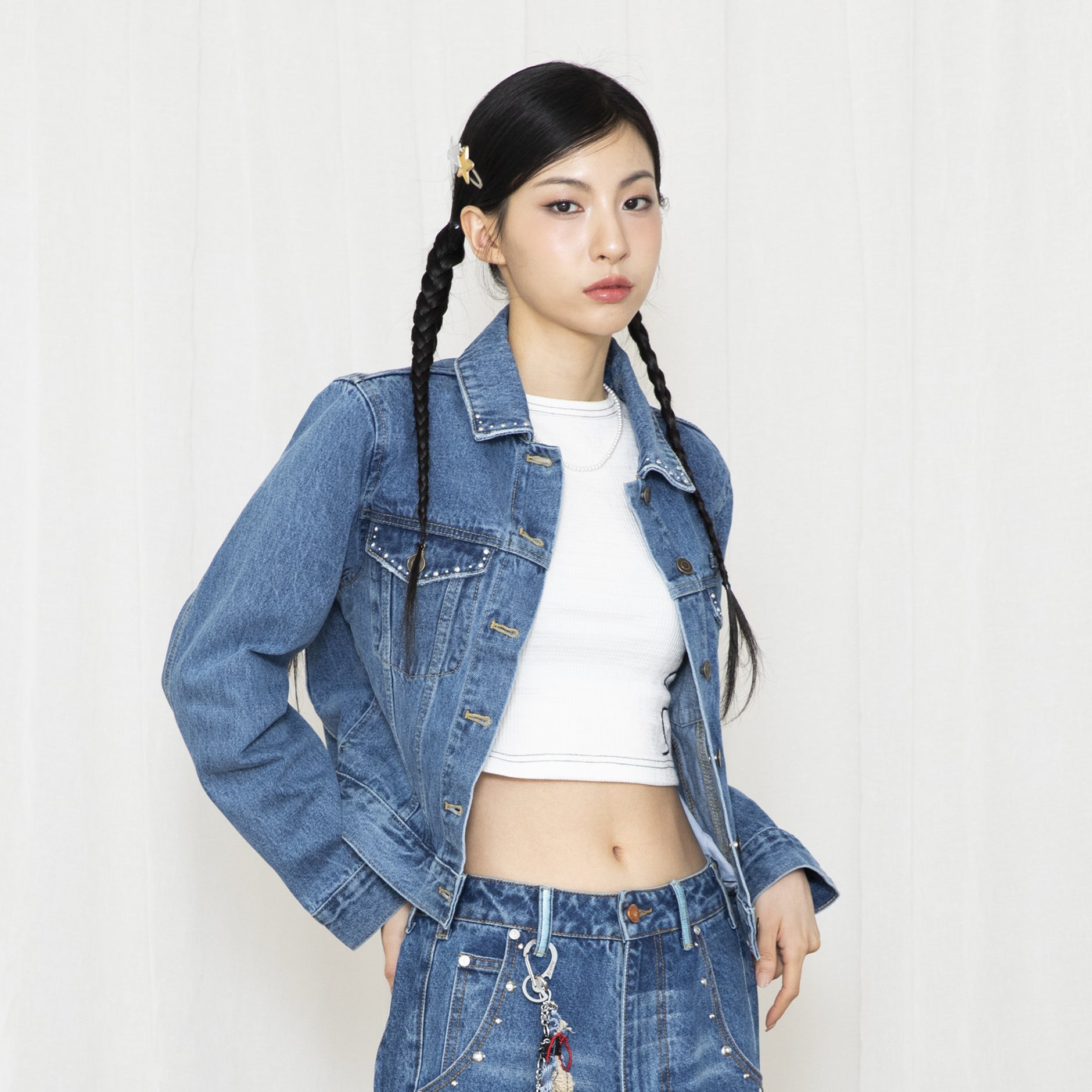 Eimee Law ブラウス シャツ パッチワークデニムプリントシャツ