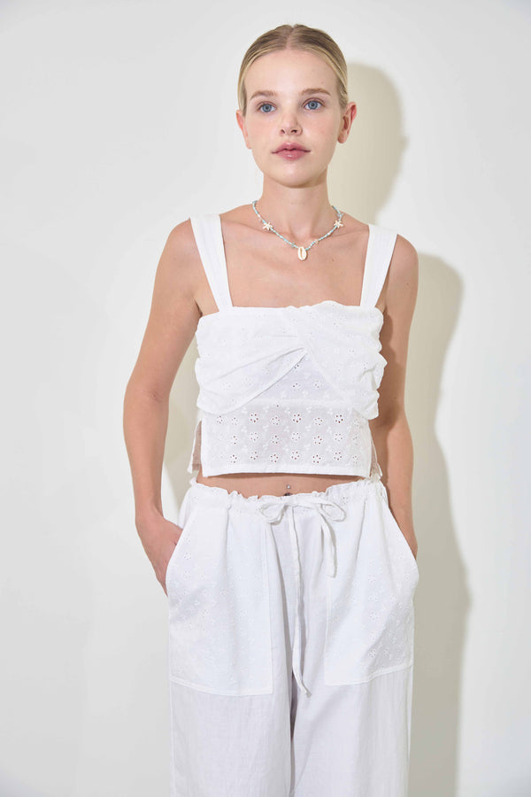 EMBROIDERY POCKET LINEN PANTS / WHITE