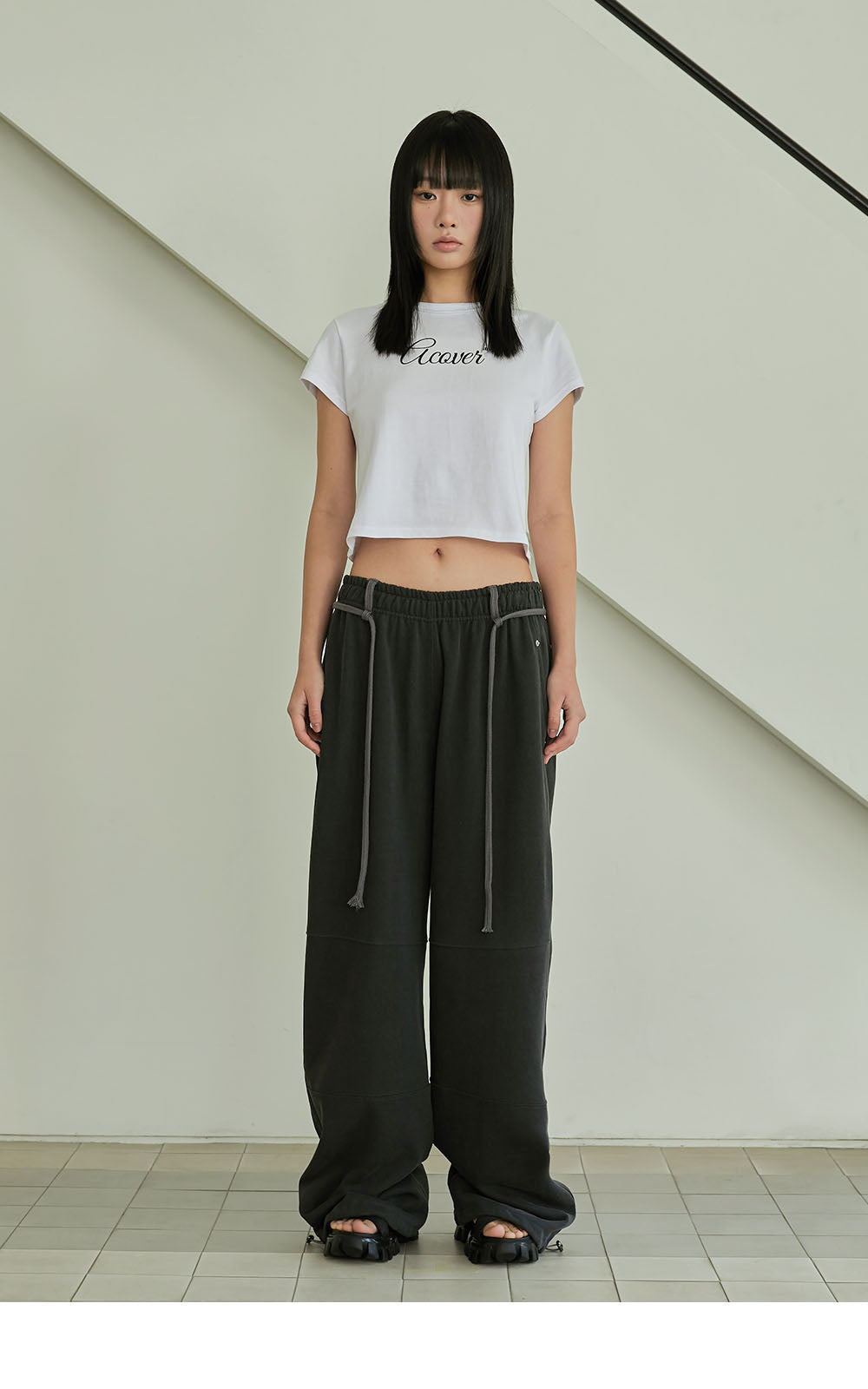 Pigment Waist String Detail Rivet Pants charcoal