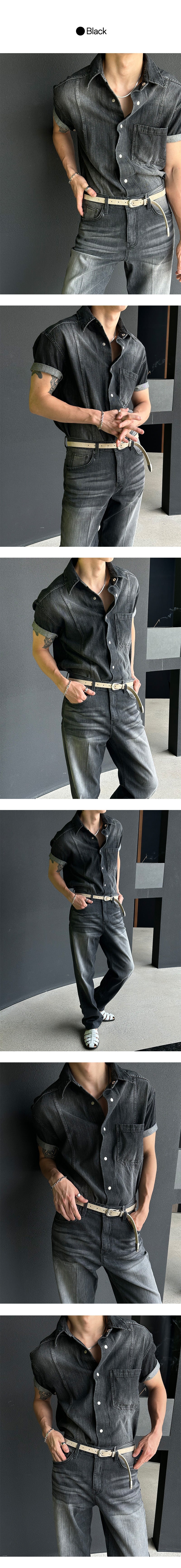 [MUSCLE FIT] Slit snap button denim shirts (3color)