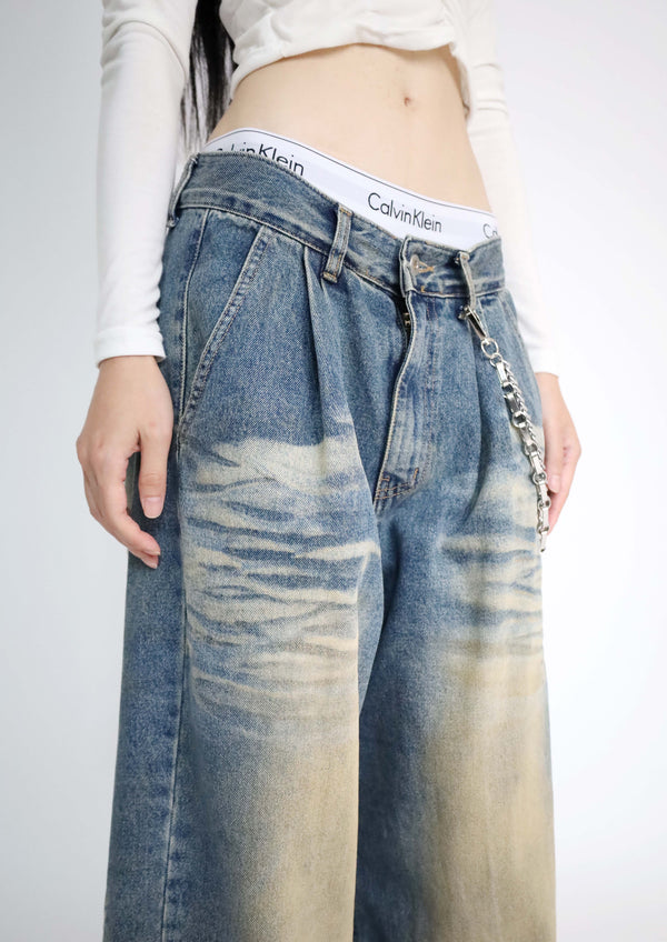 (UNISEX)Mud-Washed Wide Denim Pants