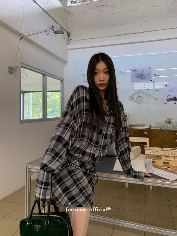 black checkered mini shirt dress