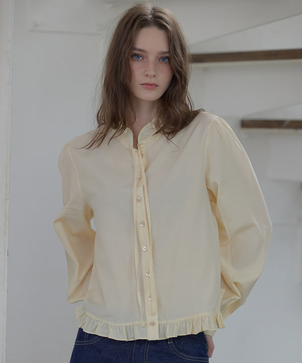 High-neck Ribbon Frill Blouse ( 2colors )