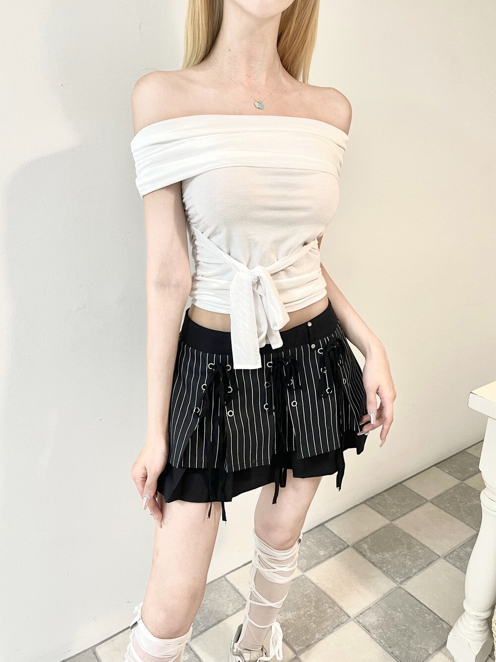 1271. Flap off chiffon ribbon crop top (4color)