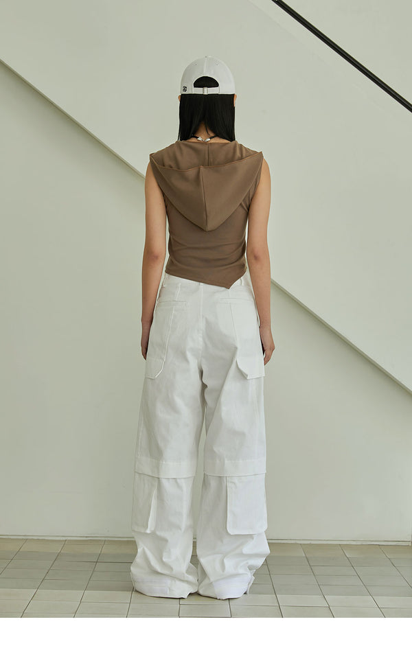 Hooded Pintuck Cropped Sleeveless Brown