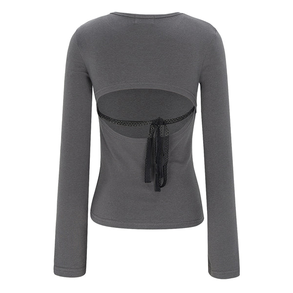 BACK RIBBON LONG SLEEVE-DARK GRAY