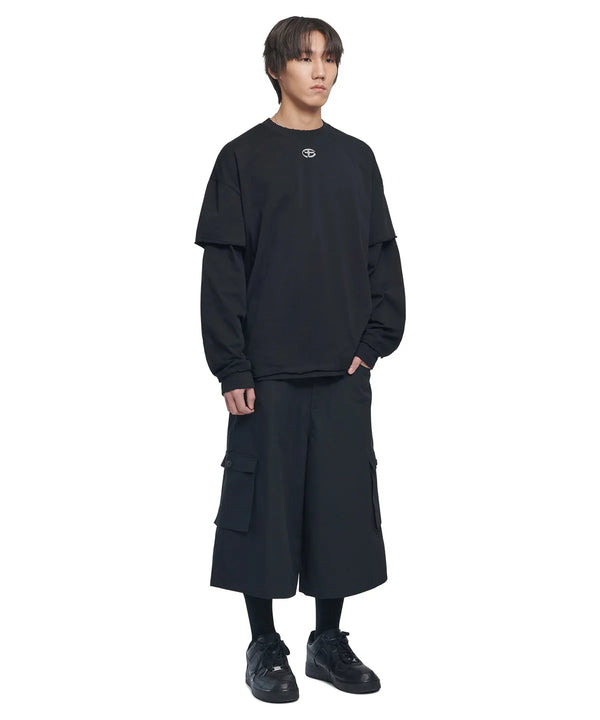 アブレージョンレイヤード長袖Tシャツ - ブラック