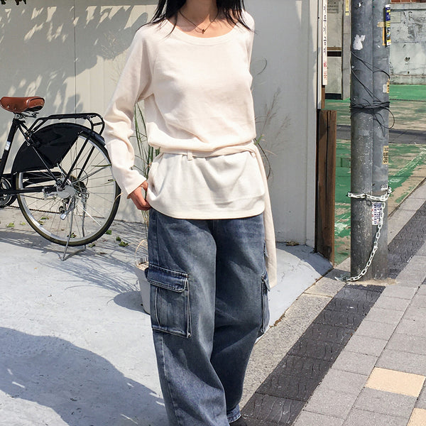 Liton strap boat-neck off shoulder long knit T-shirt