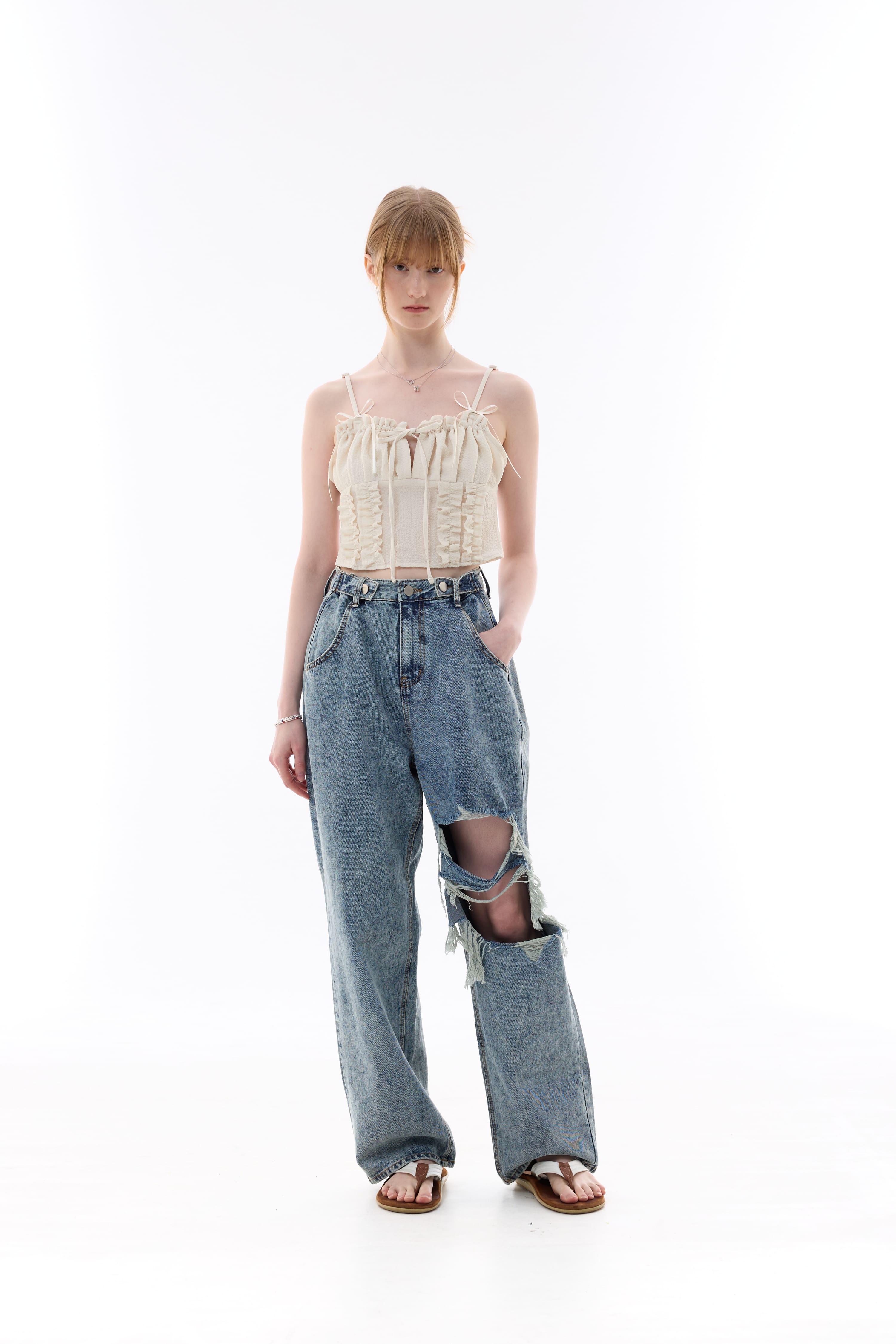 CHARMING DAMAGE WIDE DENIM PANTS