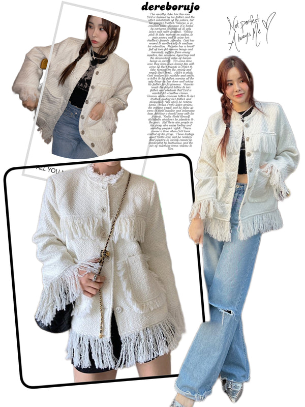 Tassel tweed loose fit no-collar jacket