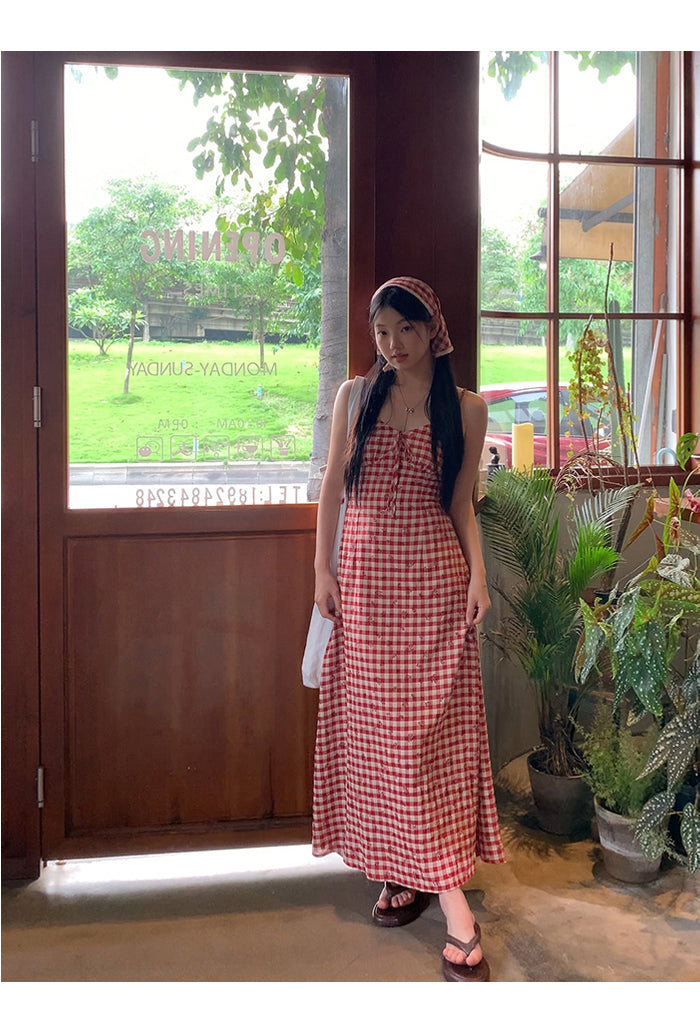 Red check back flower strap long dress