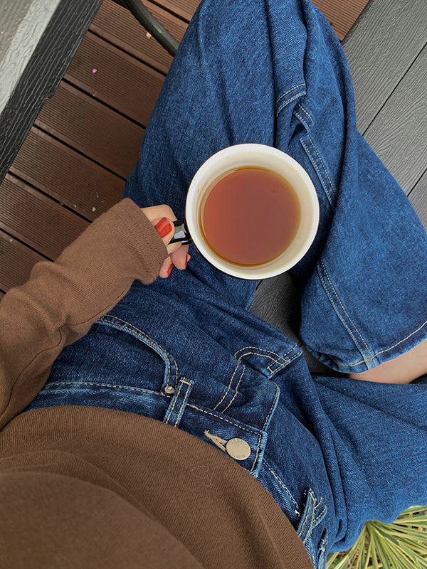 Waff fall dark blue straight wide jeans denim pants