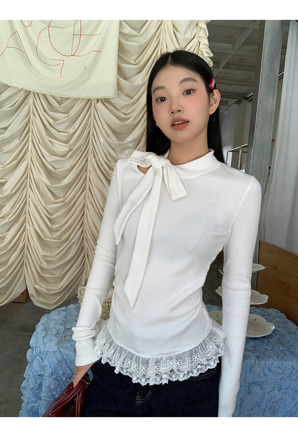 half turtleneck strap lace frill long-sleeve t-shirt