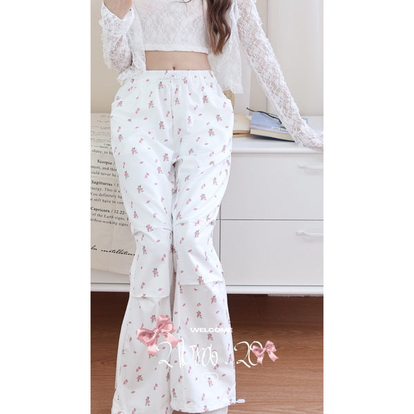 #B0601 white floral elastic waist overall