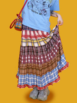 hippie check long skirt