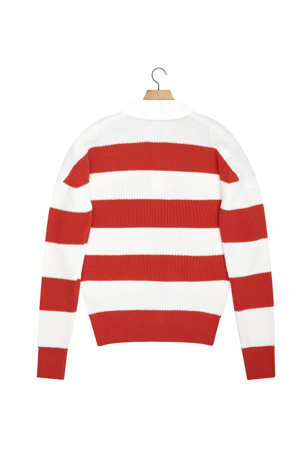 STRIPE COTTON COLLAR KNIT STRIPE-RED