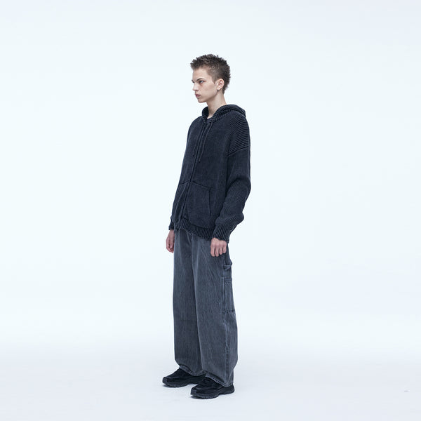 Sserpe Destroyed Cotton Knit Hoodie Zip Up Charcoal