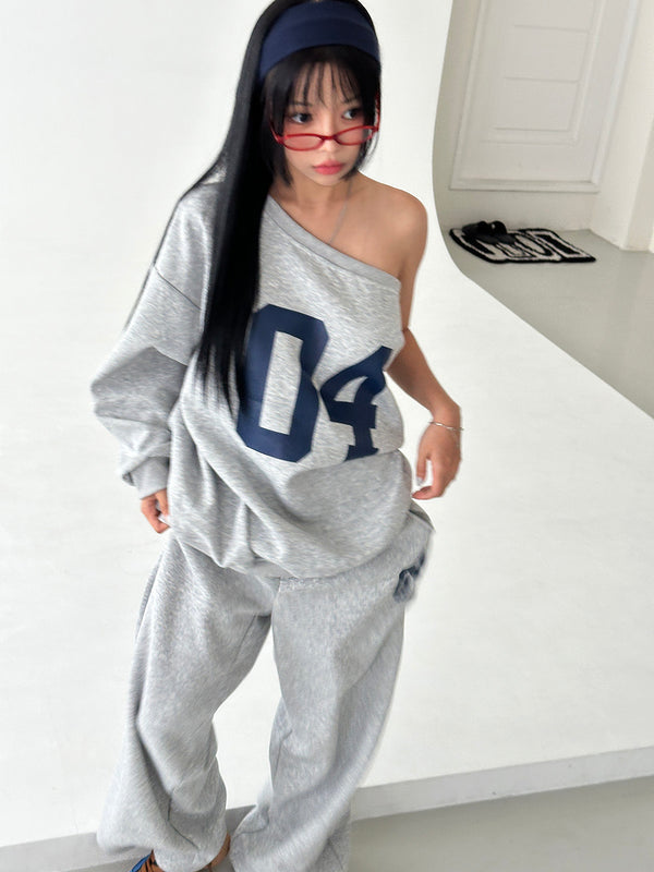 Number off-shoulder oversized fit sweat suit set