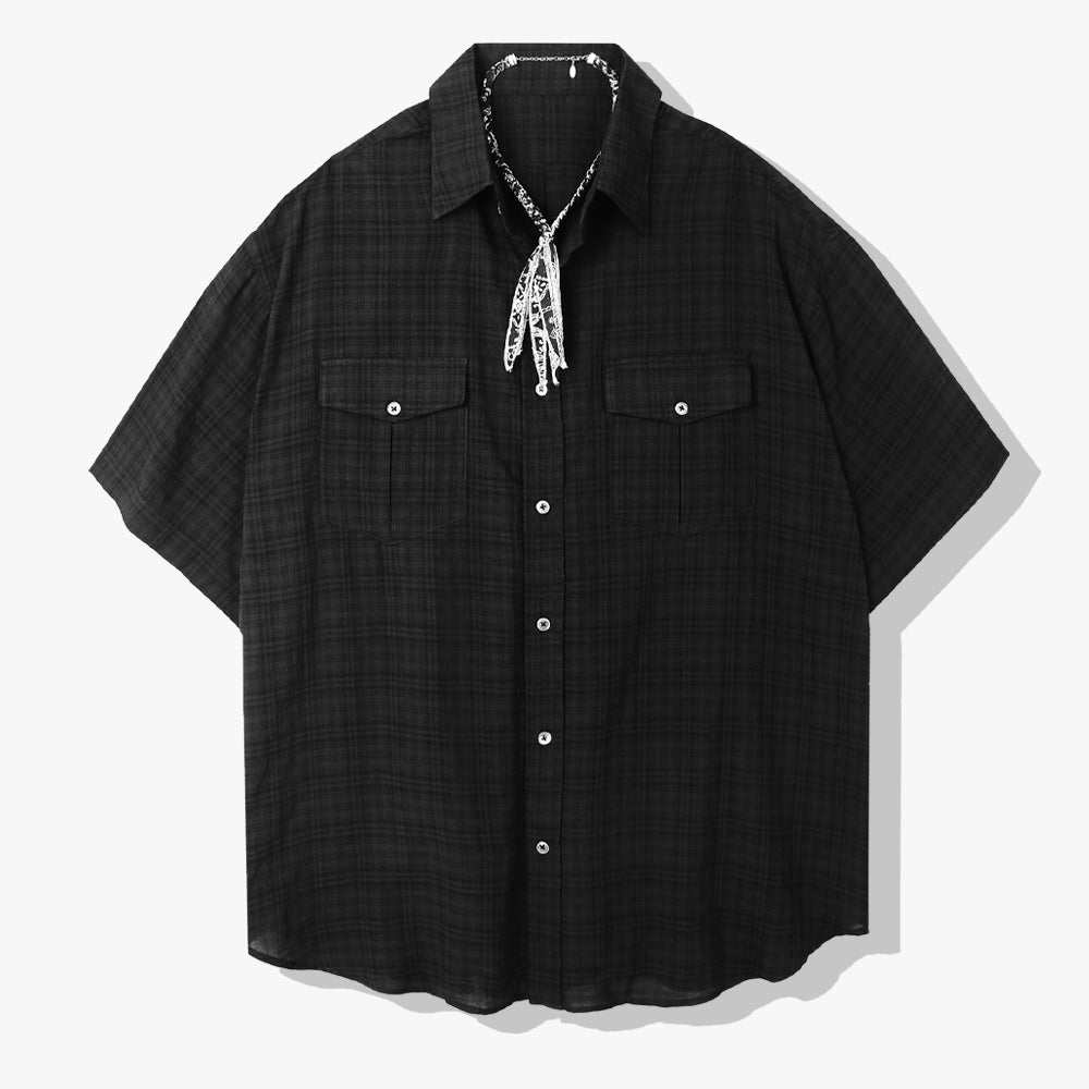 [bandana necklace set] washed check linen 2 pocket half shirt black