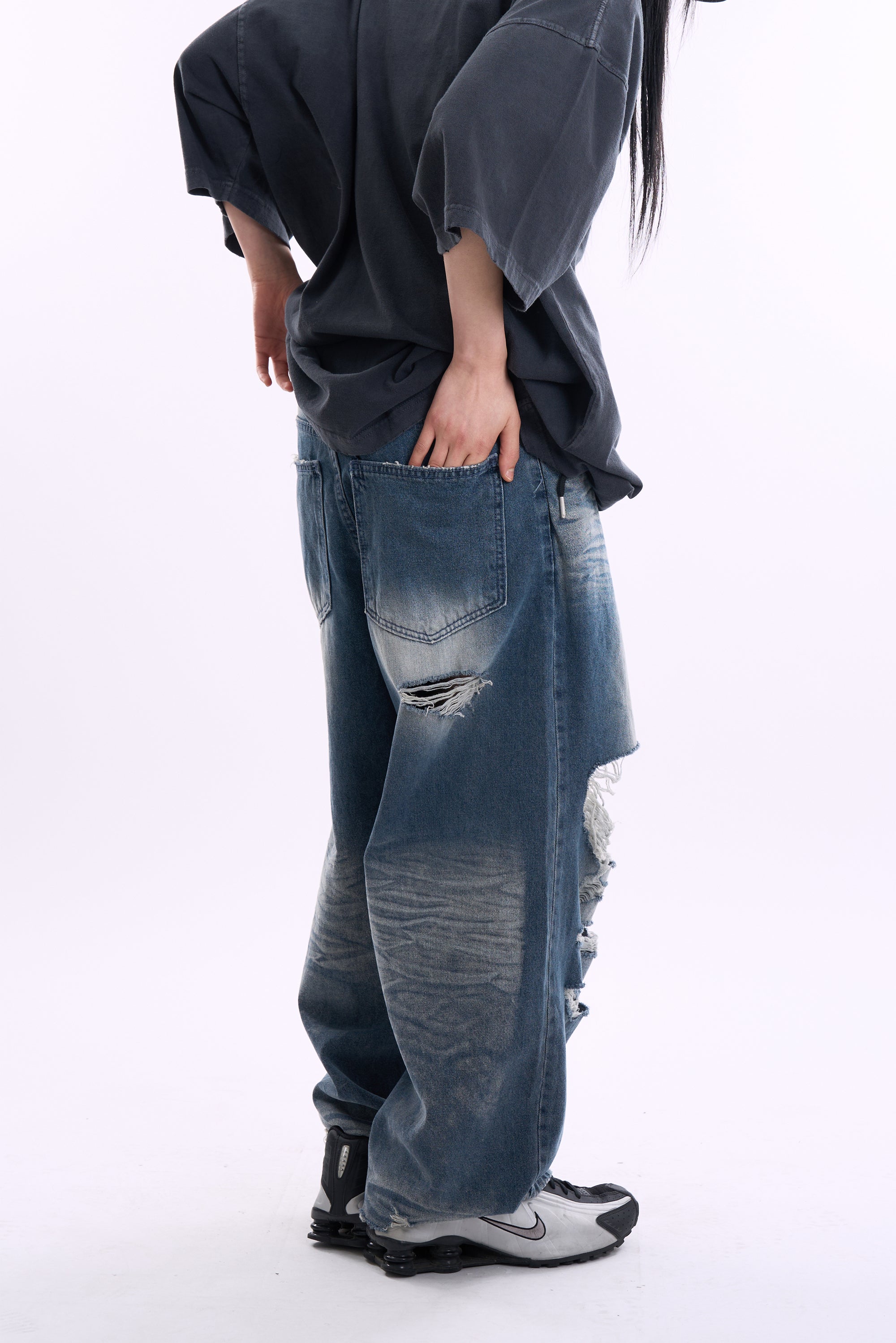 Swell embossed destroyed denim pants