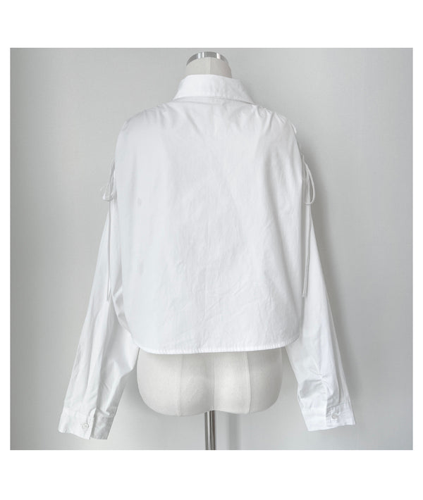 Twill shoulder ribbon shirring loose fit crop shirt (2 colors)