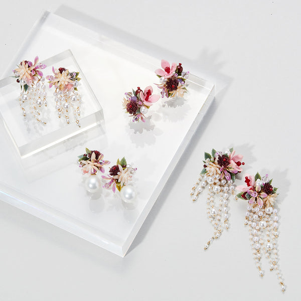 [Couture] Flower Blast Large Tassel Burgundy Earrings